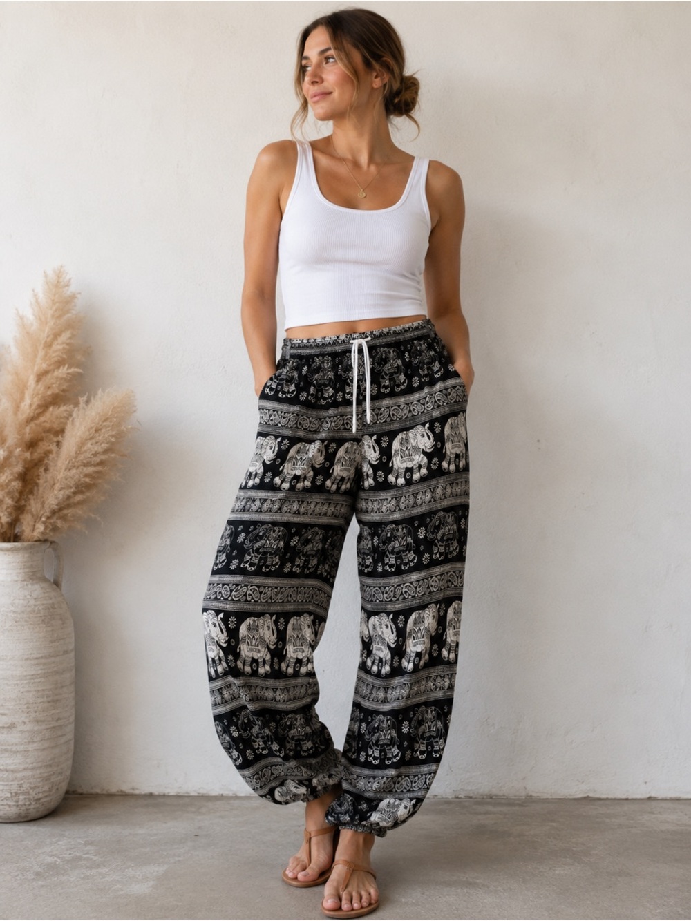 Casual Black Elephant Print Drawstring Harem Pants